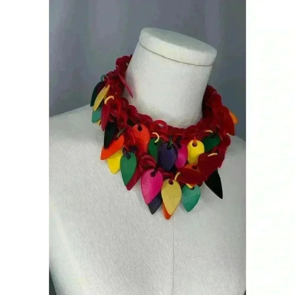 Statement Vtg Retro MOD Red Green Yellow Cluster Necklace - Picture 3 of 10